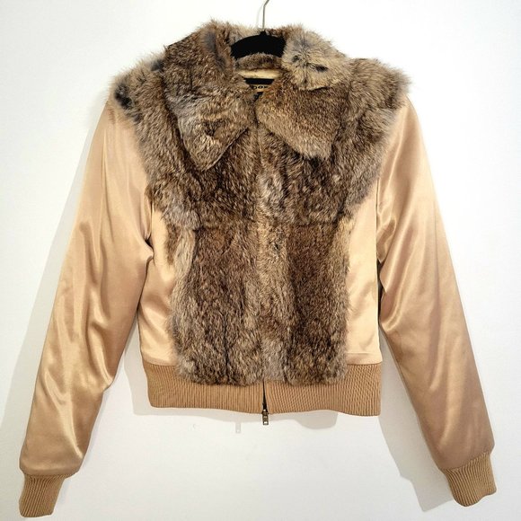 bebe Gold Rabbit Fur Bomber Jacket, Size S - Picture 1 of 11